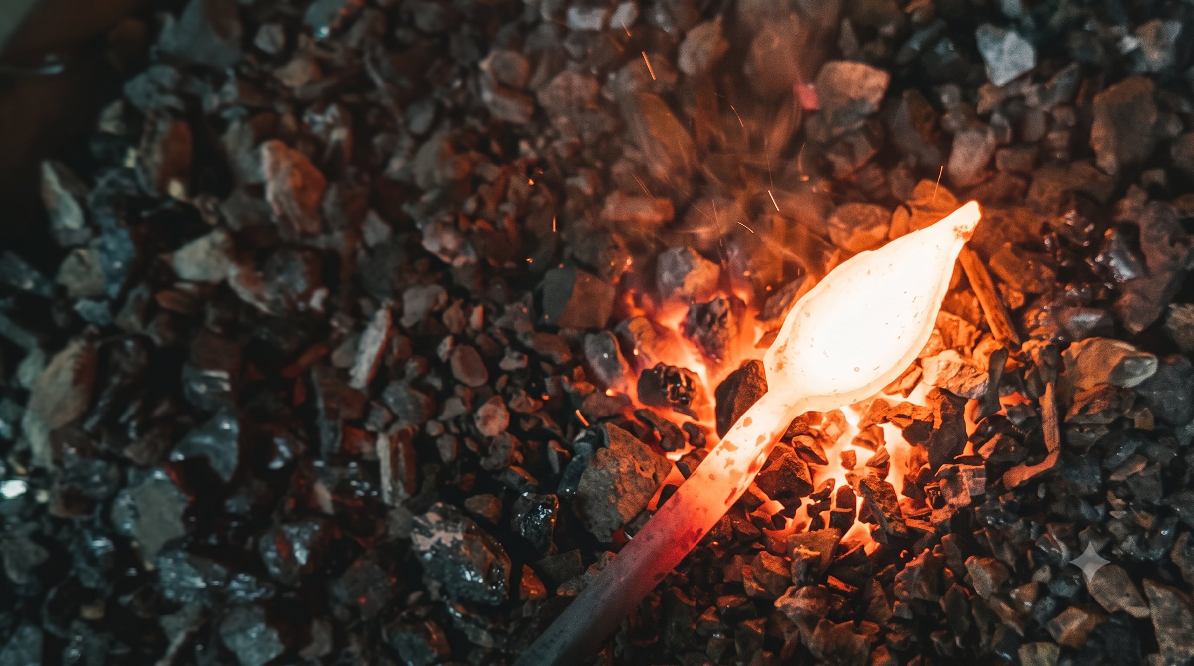 Glowing forged spoon resting in the coals